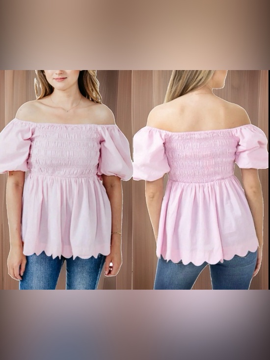 Simply Southern Tops - NWT Simply Southern Pink Smocked Square-Neck Puff Sleeve Scalloped Blouse-S